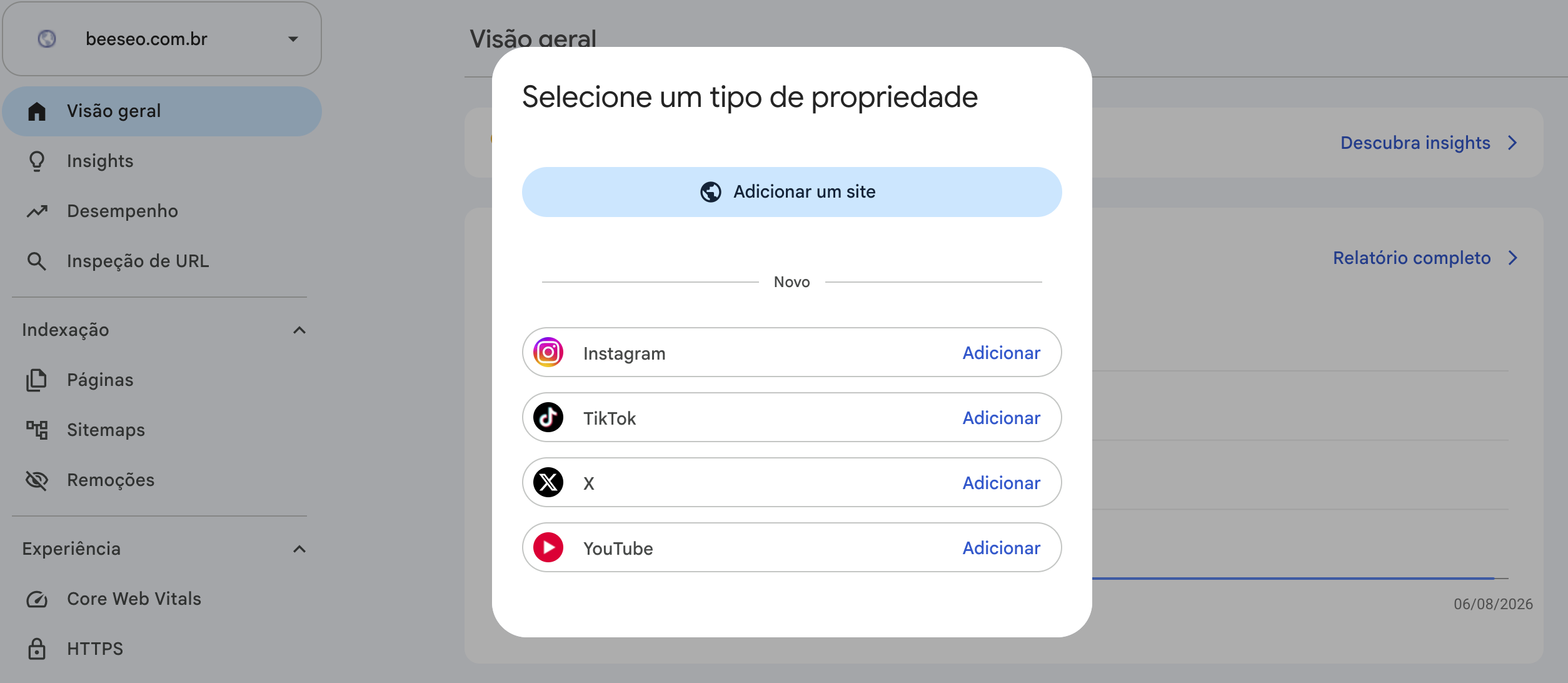 Painel do Google Search Console